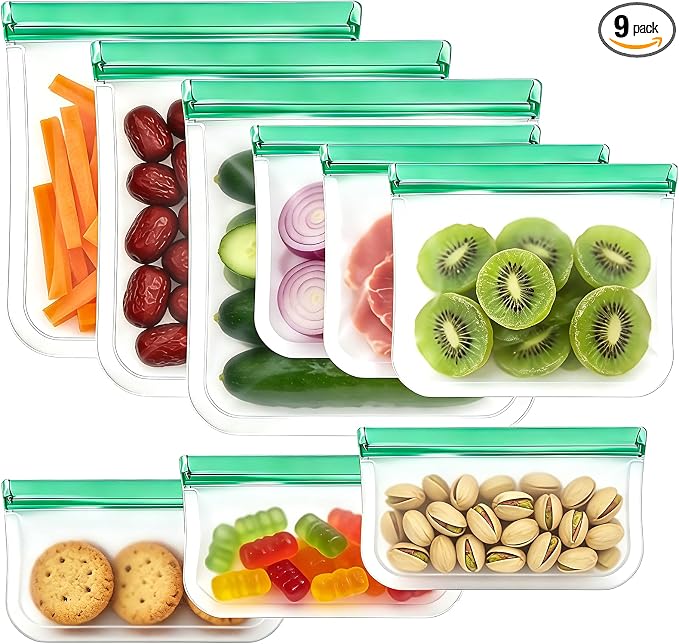 Reusable Silicone Freezer Storage Bags, 9Pack Multi-Size Food Storage Containers, Leakproof Freezer & Microwave Safe Reusable Snack & Sandwich Bags - 3 Gallon 3 Snack 3 Sandwich Bags