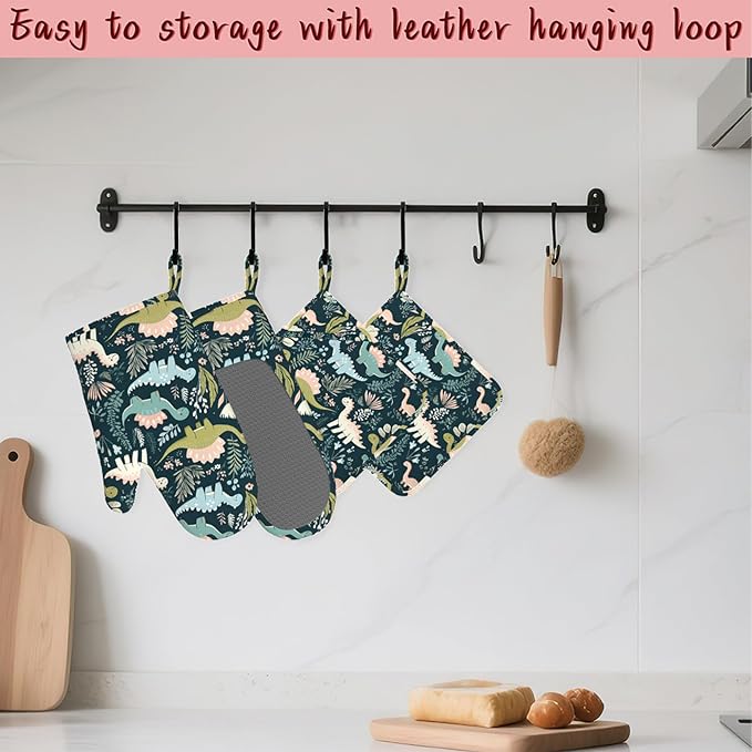 Cute Dinosaur Heat-Resistant Silicone Oven Mitts and Pot Holders 4 Piece Set,Extra Long Non-Slip Kitchen Oven Gloves for Cooking, Baking, BBQ,Grilling