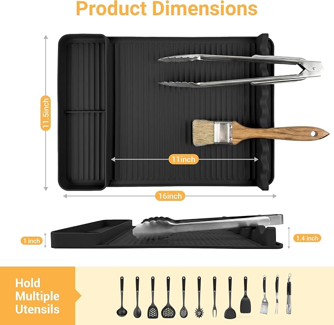 Silicone Grill Mat for Blackstone Griddles & Outdoor Grills - Heat Resistant (450°F) Countertop Protector, Non-Slip Tool Organizer & Grease Catcher, 16x11.5 Inch(Black)