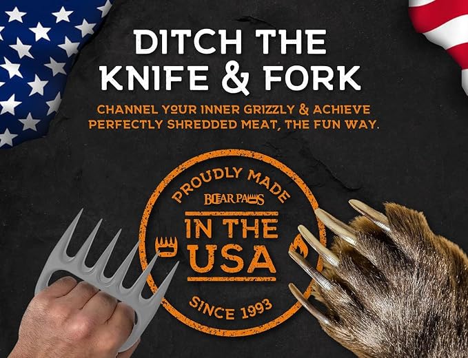 Bear Paws Meat Claws - The Original BBQ Meat Shredder Claws - Gray | Shredder Claws for Pulled Pork, USA Made - Easily Lift, Shred, Pull and Serve Pork, Chicken, Brisket and Turkey
