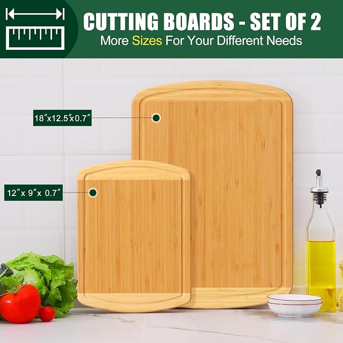 Homaxy Bamboo Cutting Boards for Kitchen Set of 2, Two-Tone | Wood Cutting Board with Juice Groove, Butcher Block Chopping Board for Kitchen, Meat, Fruit & Vegetables, Pre Oiled