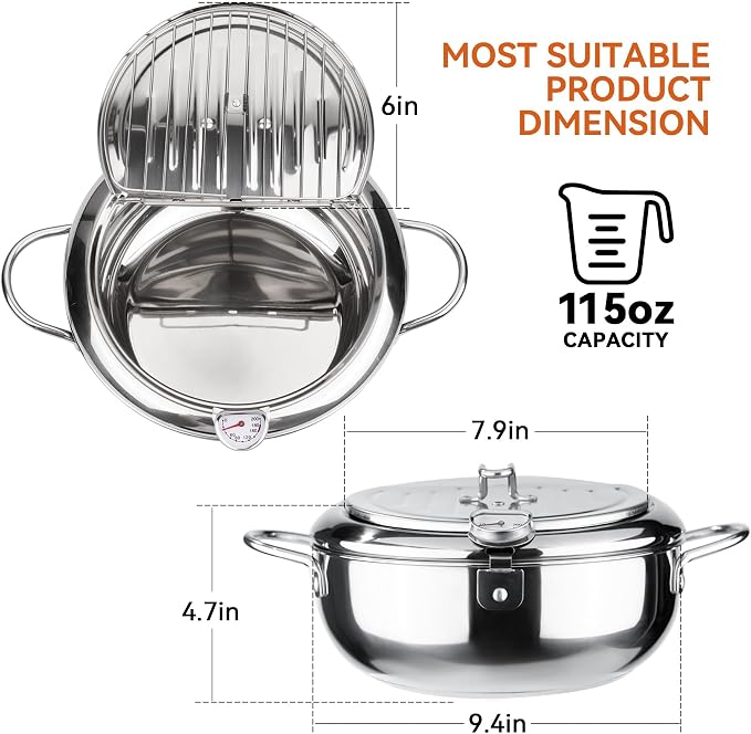 Kerilyn Deep Fryer Pot, 9.4 Inch/3.4 L Janpanese Style Tempura Frying Pot with Lid, 304 Stainless Steel with Temperature Control and Oil Drip Drainer Rack, for Kitchen French Fries, Chicken etc