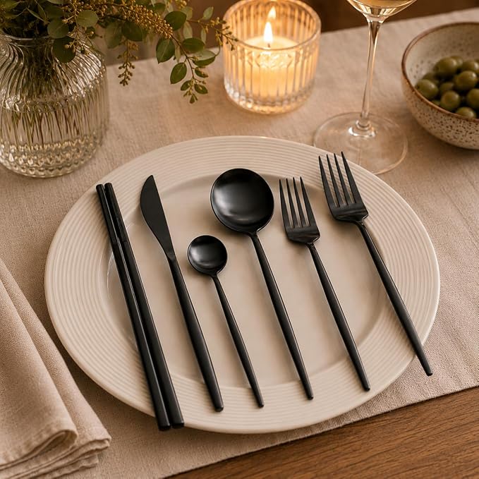 KiiZYs Matte Black Flatware Set - 14-piece Modern Silverware Set Stainless Steel Utensils - Metal Chopsticks Kitchen Cutlery Fork Spoon Knife - Dishwasher Safe House Warming Gift Box (Black, 2 Sets)