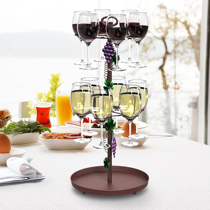 Metal Tabletop Wine Rack with Hanging 12 Glasses Hooks Countertop Holder | Champagne Bottle & Wine Glass Holder Stand, Tabletop Stemware Storage Rack for Kitchen, Dining Table,Bar Farmohuse Decor