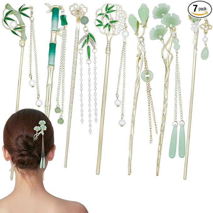 7Pcs Chinese Hair Sticks Japanese Hair Pins Vintage Asian Traditional Hanfu Hair Chopsticks with Pearl Bead Pendants Hair Bun Updo Holders Long Thick Hair Accessories for Women