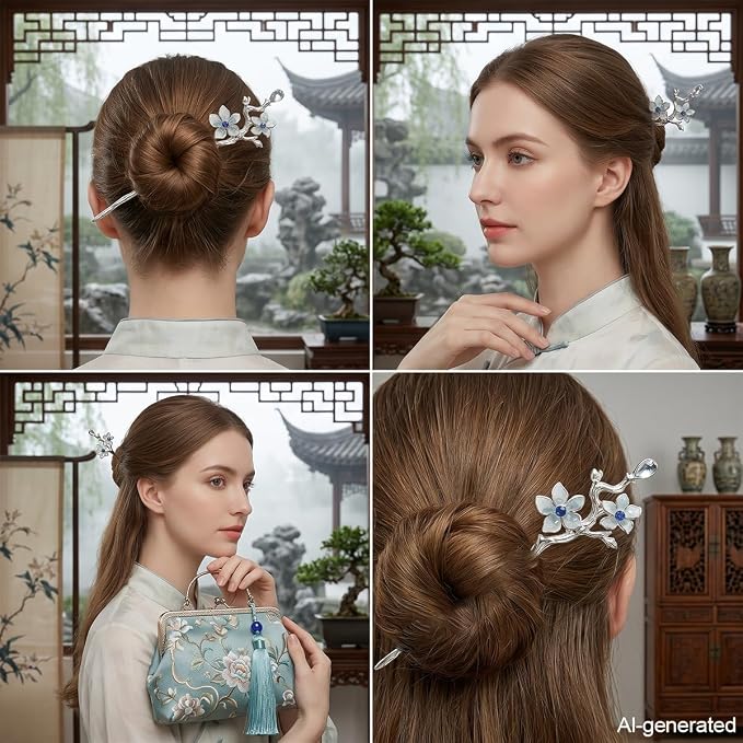6 PCS Chinese Hair Sticks Silver Crystal Hair Stick for Buns Long Hair Chinese Hanfu Metal Hair Chopsticks Hair Bun Updo Holders Long Thick Hair Accessories for Women