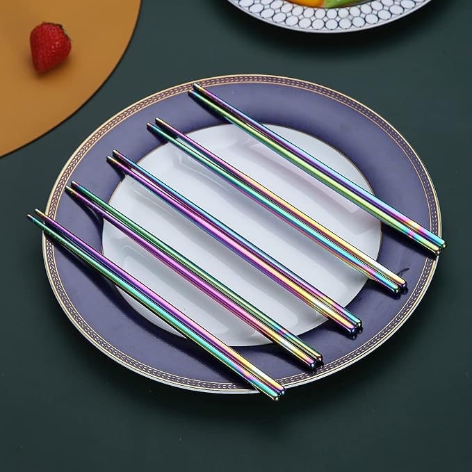 10 Pairs Reusable Chopsticks, Titanium Rainbow Plating Stainless Steel Metal Chop Sticks, Japanese Chinese Korean Chopstick Dishwasher Safe, 8.9 Inch (Coloful / Chop sticks)