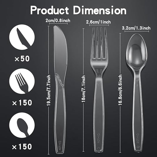 350pc Heavy Duty Plastic Silverware Set: 150 Forks/150 Spoons/50 Knives | Commercial Plastic Forks Spoons Knives BPA-Free & Temp-Resistant | Bulk Disposable for Party Catering Events