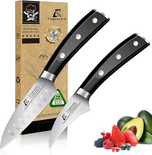 Paring Knife Set, 2PCS Small Kitchen Knives for Fruit, 3.8 Inch Fruit Knives and 2.75 Inch Bird Beak Peeling Knife, Premium Germany Stainless Steel Ergonomic Handle, Elegant Black Ideal for Gift