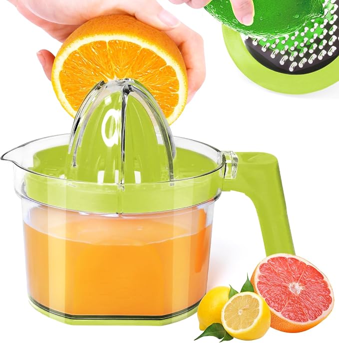 Manual Lemon Squeezer - Multifunctional Citrus Hand Juicer, Green | Lemon Lime Squeezer, 16.9oz Capacity Orange Juicer, Detachable Comfortable Grip Handle, Built-in Measuring Cup and Grater