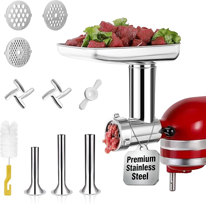 316 Stainless Steel Meat Grinder Attachment for KitchenAid Stand Mixers, 3 Grinding Plates, 3 Sausage Stuffers, All Parts Heavy Duty Meatl Dishwasher Safe