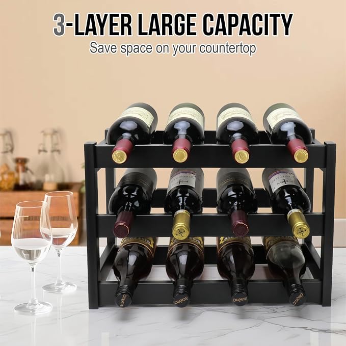 Bamboo Wine Rack, 3-Tier 12 Bottles Wine Storage Cabinet Shelf, Easy-Assembly Freestanding Bamboo Wine Racks Countertop for Kitchen Pantry Dining Room Bar, Black