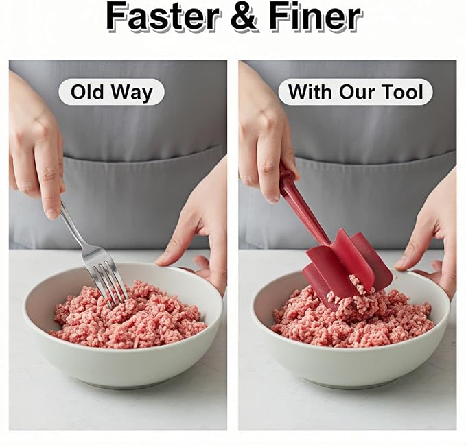 Meat Chopper, Hamburger Grinder, Premium Heat Resistant Masher for Ground Beef, Burger Grinder, Potato Masher, Nylon Potato Mix Tool, Safe, Non-Stick, Mix and Chop Kitchen Tool - Red