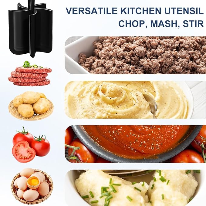Meat Chopper, Premium Heat Resistant Meat Masher | 5 Blades Ground Beef Masher, Non Stick Hamburger Smasher, Nylon Potato Masher, Dishwasher Safe, Black