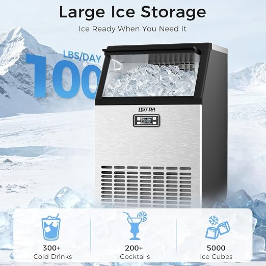 OSTBA Commercial Ice Maker Machine, 100Lb/24H, Self-Cleaning, 33Lbs Storage | Under counter design, 45 cubes in 10mins, LED control, stainless steel, adjustable ice thickness for restaurant ,bar and home