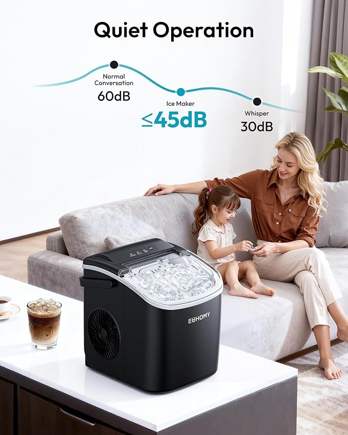 EUHOMY Countertop Ice Maker Machine with Handle, 26.4lbs in 24Hrs, 9 Ice Cubes Ready in 6 Mins, Self-Cleaning Portable Ice Maker with Basket and Scoop, for Home/Kitchen/Camping/RV. (Black)