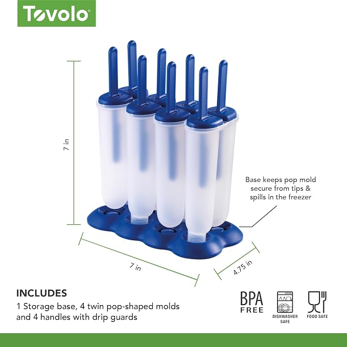 Tovolo Twin Popsicle Mold with Sticks 4 Pack Reusable Ice Pop Molds for Homemade Flavored Popsicles Treats Frozen Snacks, Silicone Popsicle Maker with Stand for the Freezer BPA Free Dishwasher Safe