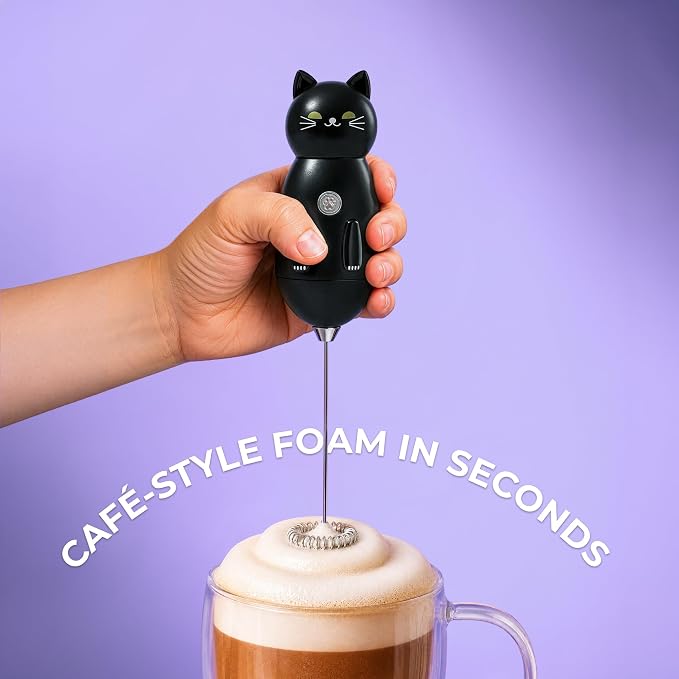 Zulay Kitchen Cat Milk Frother Wand – Cutesy Frother, Meet Your New Frothing Buddy Midnight The Cat, Adoption Papers and Stickers Included, Purrr-fect for Lattes, Cappuccino & Matcha – Black