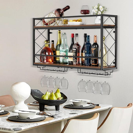 Wine Rack Wall Mounted 2 Tier Wall Wine Rack with Glass Holder, Double Layer Anti-Drop Crossbar, 31.5" Metal Wood Wall Mount Wine Holder for Home Kitchen Dining Room Coffee Shop Bar, Black