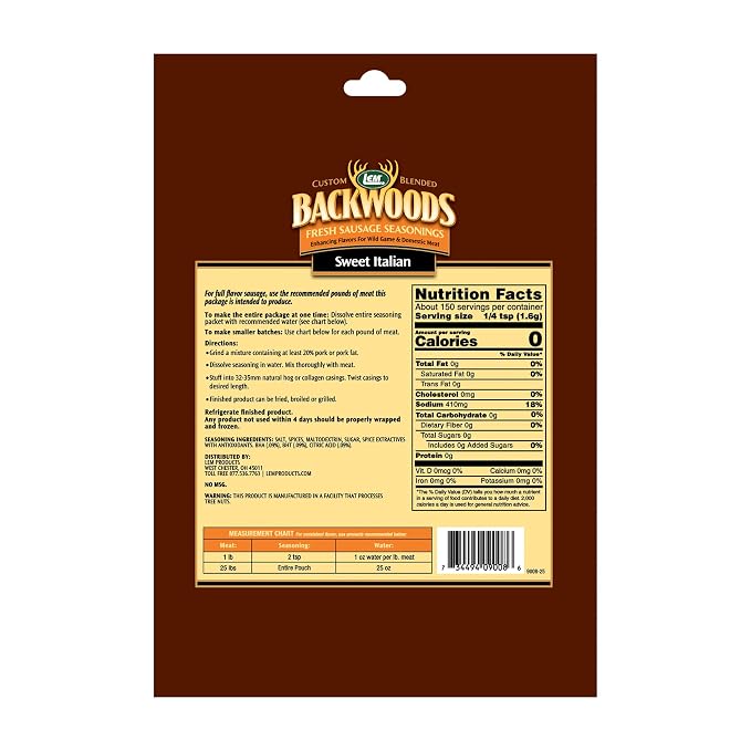 LEM Products Backwoods Sweet Italian Fresh Sausage Seasoning, 8.3 oz Packet | Pre-Measured Seasoning for Wild Game and Domestic Meat, Seasons Up to 25 Pounds of Meat for Homemade Patties and Sausages
