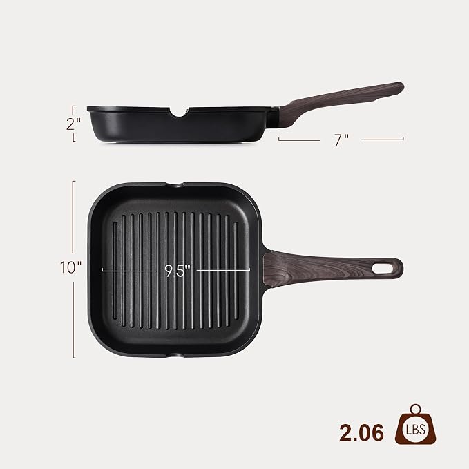 SENSARTE Nonstick Grill Pan for Stove Tops, Versatile Griddle with Pour Spouts, Square Big Cooking Surface, Durable Skillet Indoor & Outdoor Grilling. PFOA Free, 9.5 Inch
