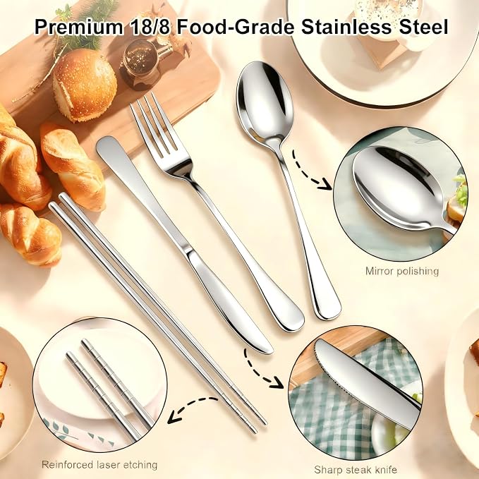 Reusable Travel Utensils Set with Case, Premium Stainless Steel Flatware, Portable Silverware for Lunch, Camping, Picnic, Travel Fork and Spoon Set, To Go Utensils, Dishwasher Safe (Silver)
