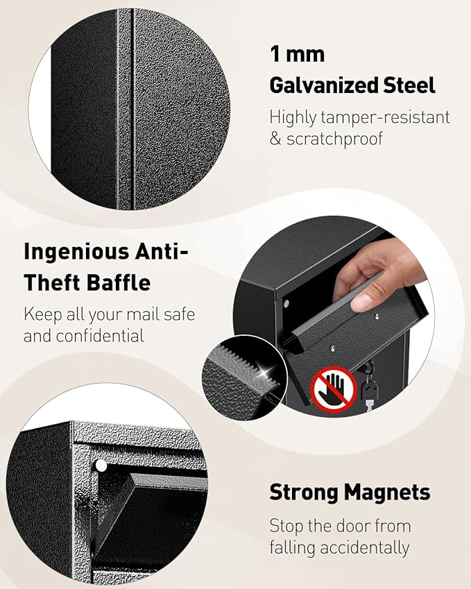 Uniclife Wall Mount Mailbox for Outside, Black Locking Mailbox | Anti-Theft Function, Heavy Duty, Small Mailbox with Key Lock, Safe Key Drop Box, Steel Cash Drop Box for Home Office, Black