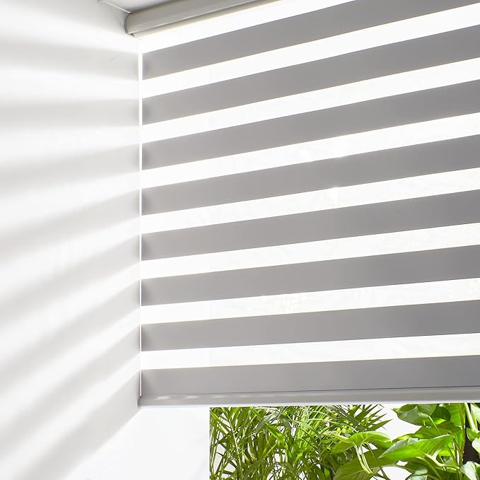 Persilux Cordless Zebra Blinds for Windows (45" W X 64" H, Grey) Free-Stop Dual Layer Roller Windows Shades for Day and Night, Light Filtering Sheer Shades for Home, Easy to Install