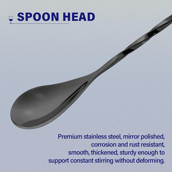 BRIOUT 2 Pcs Bar Spoon, 12 Inches Long Handle Drink Stirrer, Stainless Steel Bar Cocktail Mixing Spoons with Round Base for Stirring, Black