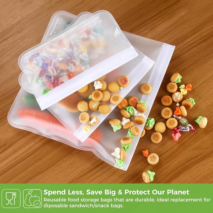 SPLF 6 Pack Dishwasher Safe Reusable Gallon Freezer Bags, White | Extra Thick Reusable Storage Bags Leakproof Silicone and Plastic Free for Marinate Meats, Cereal, Sandwich, Snack, Travel