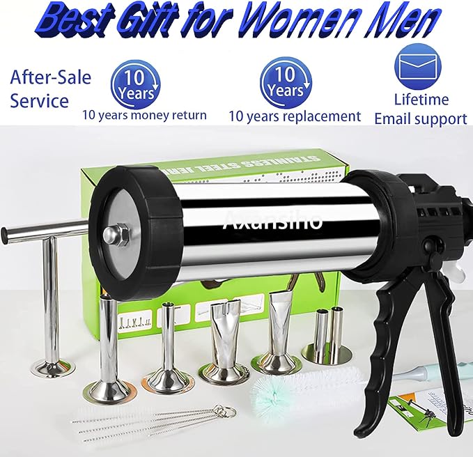 1.57 LB Large Capacity Jerky Gun Kits, Stainless Steel Jerky Shooter Cannon, Beef Stick Gun, Beef Deer Jerky Maker, Meat Gun, Sausage Stuffer with 5 Nozzles 5 Brushes 1 Meat Pusher, Gift for Women Mom