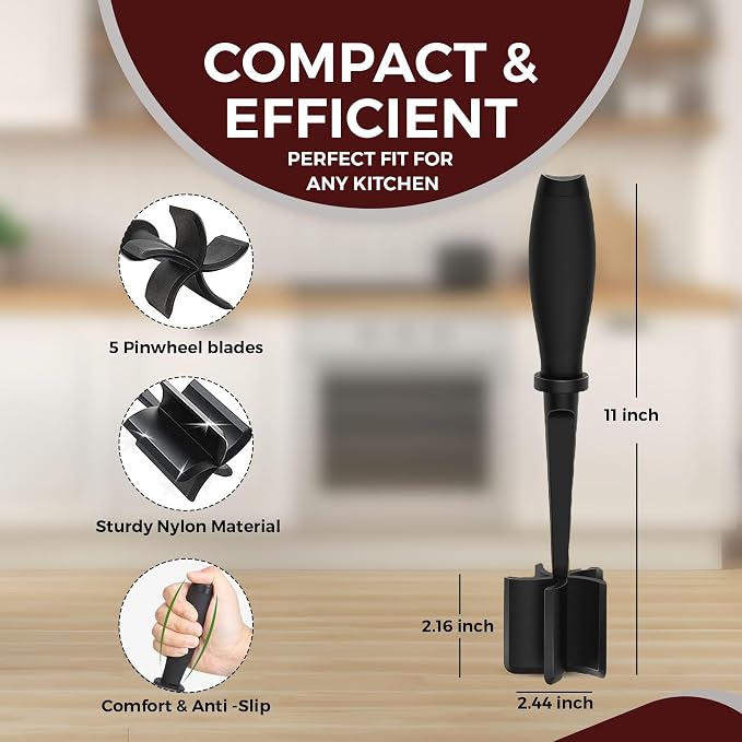 Meat Chopper - 5 Curve Blades - Ground Beef Masher - Heat Resistant Meat Masher Tool for Hamburger Meat, Ground Beef, Turkey & Nylon Hamburger Chopper Utensil Non-scratch Utensils