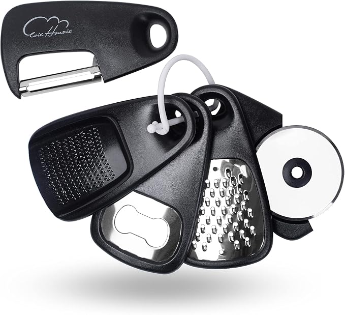 Kitchen Tools and Gadgets Set 5 Pieces, Cooking Essentials, Black | Essential Cooking Tools, Fruit/Vegetable Peeler, Grater, Bottle Opener, Pizza Cutter, Garlic/Ginger Grinder