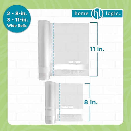 Home Logic Vacuum Bags for Food Sealer Rolls 11 and 8 Inch 20 FT Combo Pack for Freezer and Sous Vide - Microwave Safe Combo Pack Rolls (2-8x20, 3-11x20) Clear