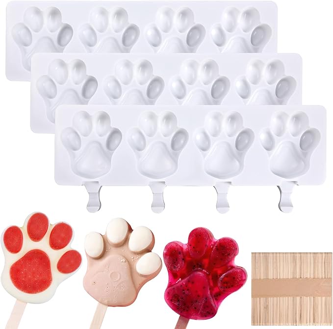 3 PCS Bear Paw Popsicle Molds - 4 Cavity Silicone Ice Cream Molds with 150 Wooden Sticks, Homemade Ice Pop Maker, Cakesicles