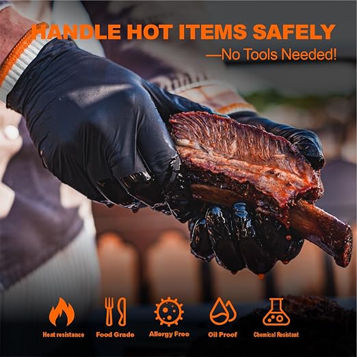 ANBOSON BBQ Gloves Disposable, Heat Resistant Grilling Gloves for Cooking | 6Mil Disposable Nitrile Gloves-100Ct & 4 Cotton Liners for BBQ, Grill, Smoker, Cooking, Food Prep, Catering, Large, Black