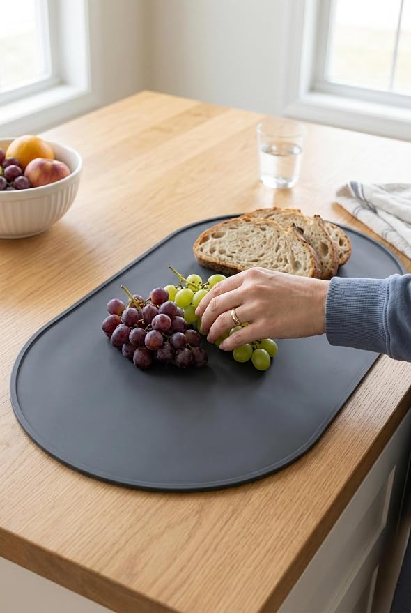 Oval Silicone Placemats Set of 2, 15.8 x 10.5in, Table Protector, Gray | Food-grade Silicone , Non-slip , Raised Edge Heat Resistant, Easy Clean , Compact Size, for Dining Table