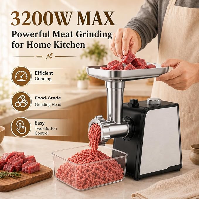 3200W Max Electric Meat Grinder & Sausage Stuffer - Mincer Machine with Tool 2 Blade And 3 Plates, 3 Tubes & Kubbe Kit Tool for Home Kitchen Use（Black）