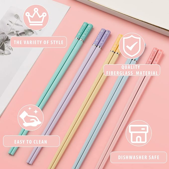 Sakura 5 Pairs Fiberglass Chopsticks, Non-Slip Reusable, Dishwasher Safe | Food-Safe, Lightweight, Matte Textured Tips, Heat-Resistant, Ideal for Sushi Ramen, Premium Gift for Family Friends, 9.5inch