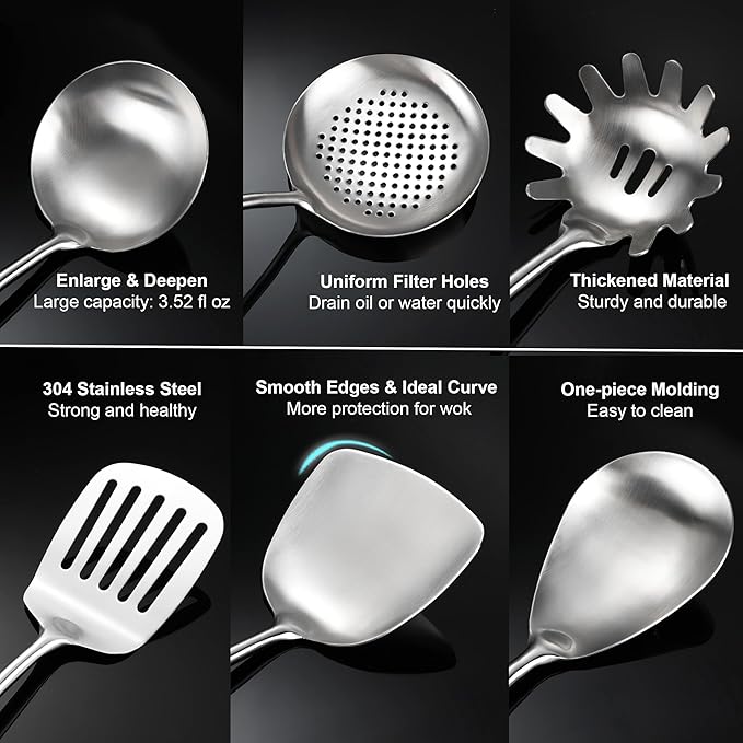 18/10 Stainless Steel Kitchen Utensils Set with Wooden Handle, 6 PCS Professional Cooking Utensils Set 15”, Wok Spatula, Ladle, Skimmer, Slotted Spatula Turner, Spaghetti Spoon, Large Spoon