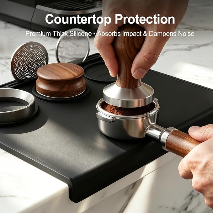 Espresso Tamping Mat, 90° Corner Silicone Coffee Bar Mat for 51/54/58mm Portafilters, Drawer-Friendly Tamper Mat with Tamper, Distributor & Puck Screen Slots, Countertop Protector, Black