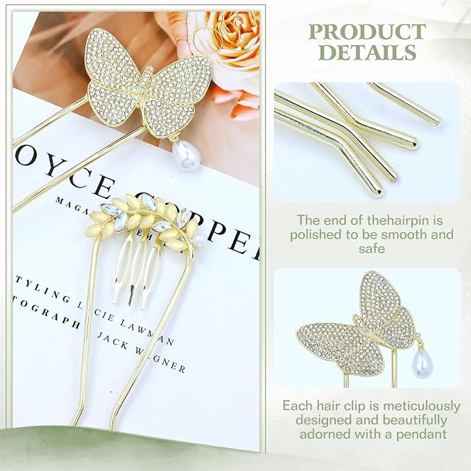 Lawie 10 Pack Cute Flower Butterfly U Shaped Gold Metal Hair Fork Pins Curved Chopsticks for Hair Sticks with Dangles French Hair Pins Bun Holder Decorative Hair Accessories for Women Girls (Gold A)