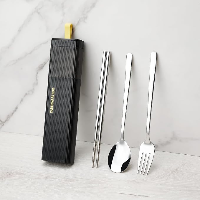 DEVICO Travel Utensils with Case, 4Pcs Korean Chopsticks Fork and Spoon Set | 18/8 Stainless Steel Portable Cutlery Set, Reusable Silverware for Lunch Box/Camping/Work/School, Dishwasher Safe, Black
