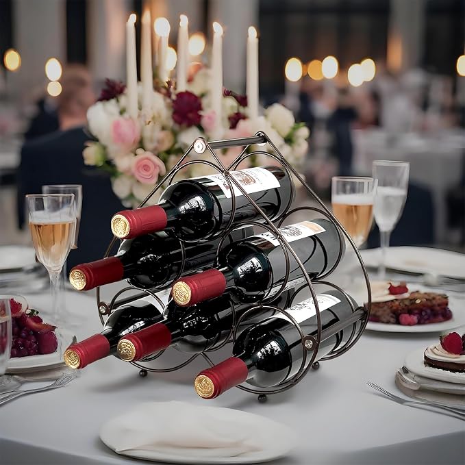 Heart Shape Countertop Wine Rack, 6 Bottles Freestanding Small Metal Wine Holder, Modern Tabletop Wine Storage Stand for Cabinet, Pantry (Black)