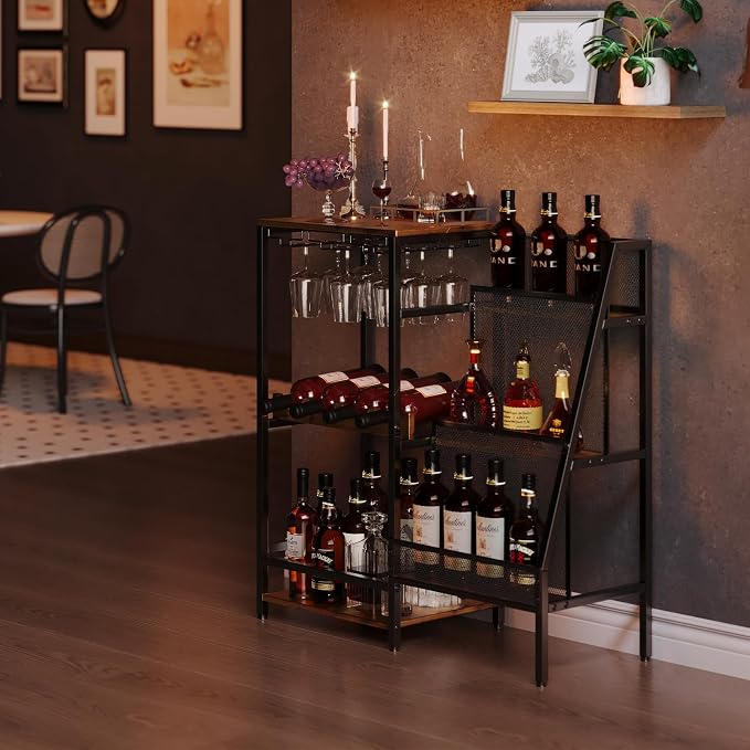Versatile Liquor Stand for Home Bar, Wine Rack Freestanding Floor, Mini Bar Table for Liquor Whiskey Wine, 3-Tier Trapezoidal Liquor Bottle Display Shelf with Glass Holder and Fences(Patent Pending) | 3-Tier Display, 3 Glass Holder Rows, 4-Bottle Rack:...