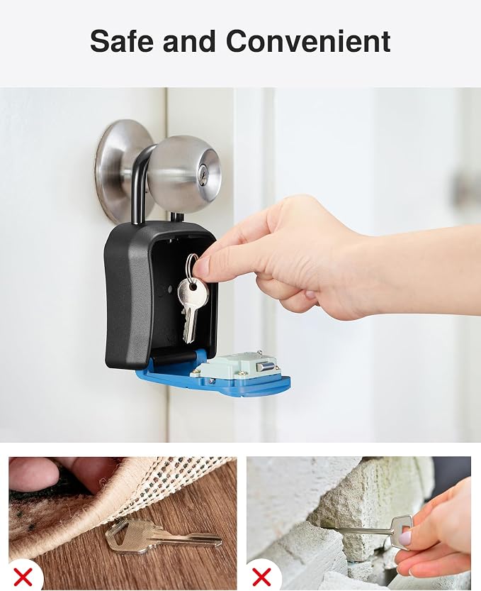 Puroma Key Lock Box Outdoor 4 Digit Code Combination Lockbox House, 1 Blue | For Contractors Guest Realtor Storage Keys, Portable, Home Wall Mount, Resettable, Combination, Weatherproof, High-capacity