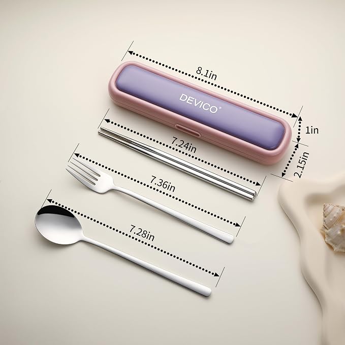 DEVICO Utensils for Lunch Box, Portabl Korean Chopsticks Fork and Spoon Set | 4Pcs 18/8 Stainless Steel Travel Silverware Set with Case, for Camping/School, for Kids/Adults, Dishwasher Safe, Pink-Purple