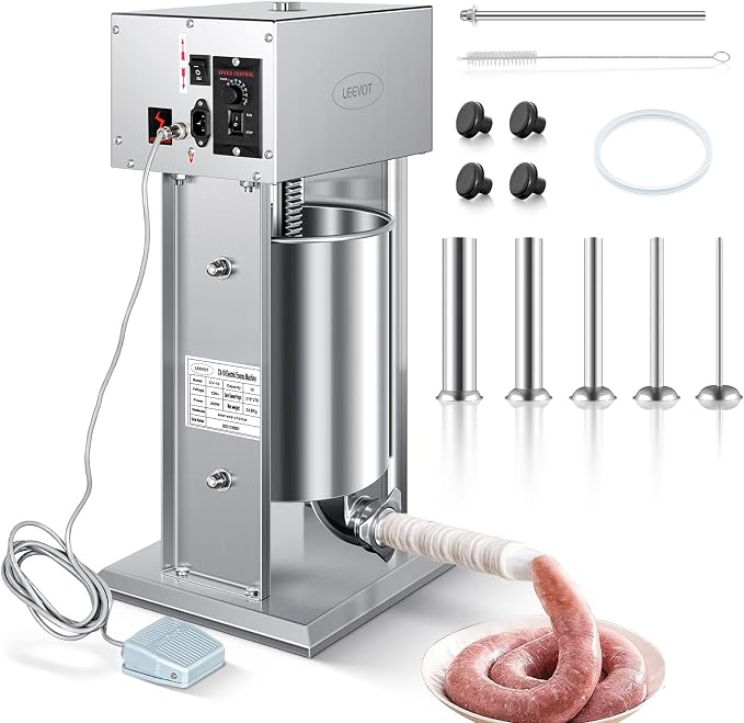 LEEVOT Electric Sausage Stuffer Maker, Vertical Electric Stuffer 11 Adjustable Speed Stainless Steel Commercial Sausage Filler Meat Stuffers with 5 Stuffing Tubes, Home & Commercial (22Lb/10L)