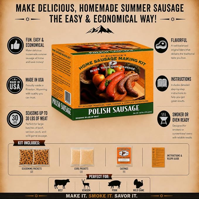 Hi Mountain POLISH Sausage Kit | Makes up to 30 lbs | Complete sausage making kit with cure, natural hog casings & directions. Perfect for pork, beef, venison, deer, & elk