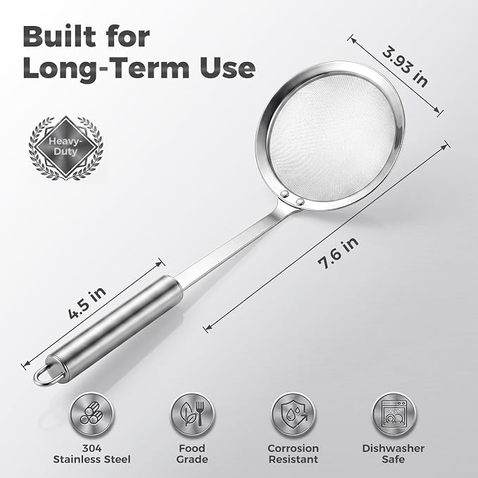 Hiware Stainless Steel Fat Skimmer Spoon - Fine Mesh Food Strainer for Grease, Gravy and Foam, Japanese Hot Pot Skimmer with Long Handle